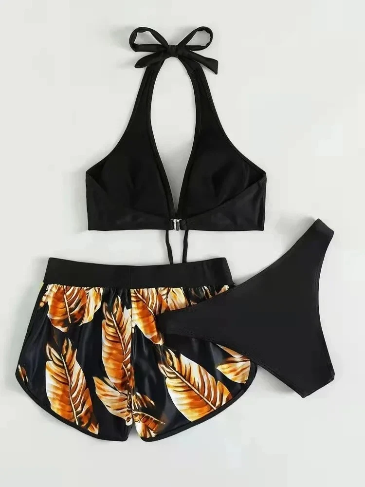 Women New Bikinis Sexy Halter Bikini 3 Piece Set Leafs Print High Waisted Swimsuit Beach Bathing Suit Size Swimwear Women