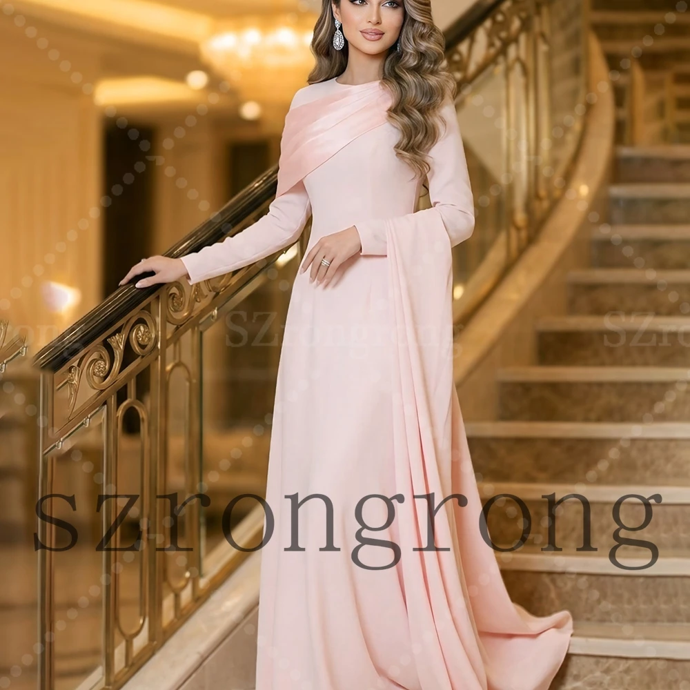 

Custom Made Pink O-neck Long Sleeve Sheath Formal Evening Dress Capelet Floor Length Modern Prom Bridal Gown vestidos de