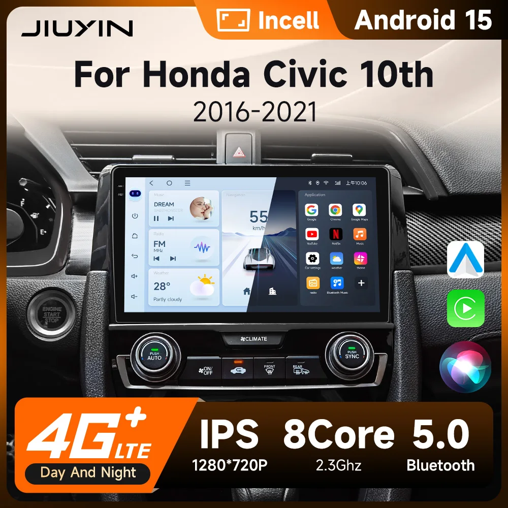 Car Radio For Honda Civic 10th 2015 2016 2017 2018 2019 2020 2021 Player Wireless Carplay Android Auto Multimedia 2 DIN