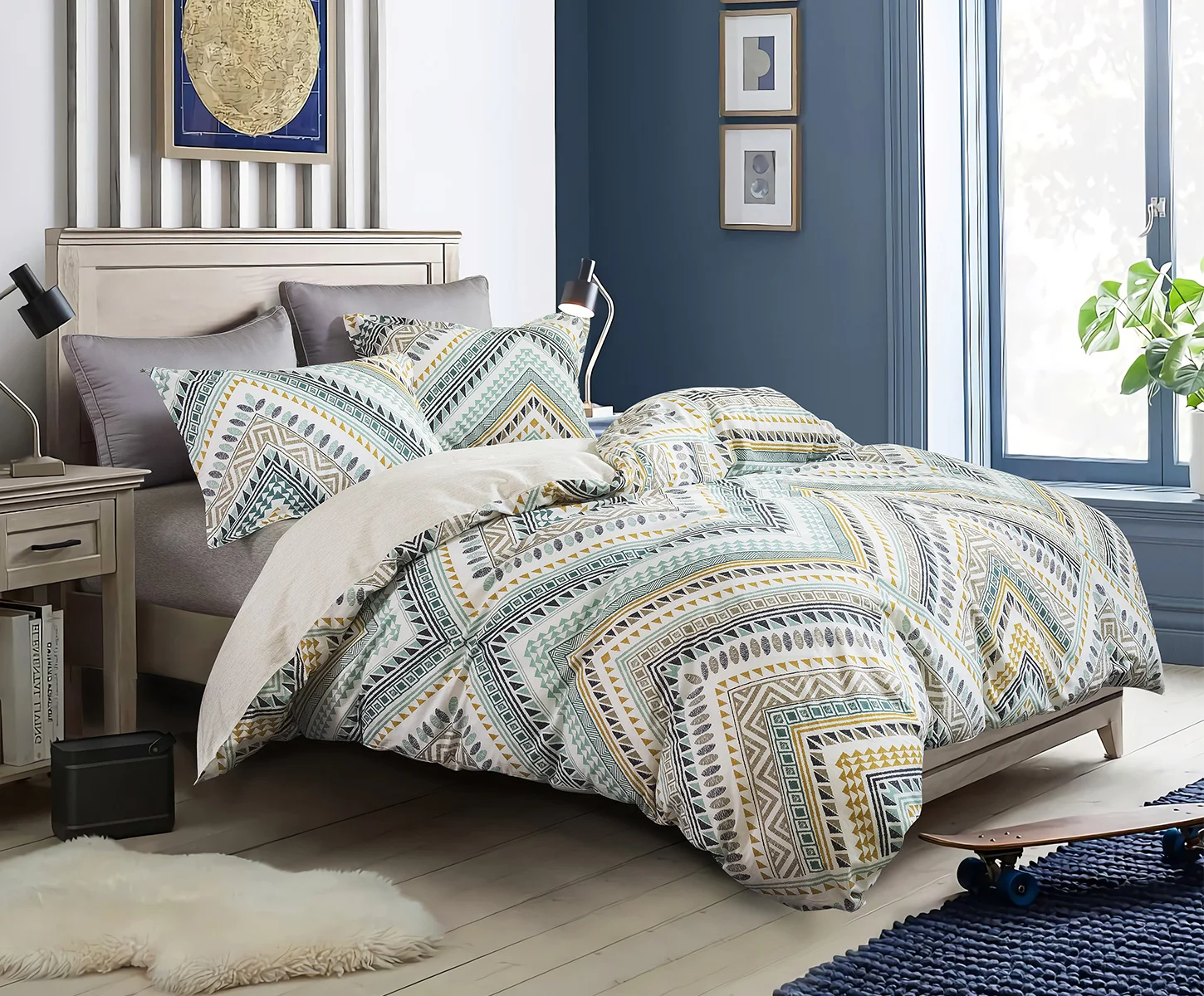 

SLEEPBELLA Comforter Queen Size, 600 Thread Count Golden Yellow & Dark Blue Bohemian Pattern Printed on White Reversible Comfort