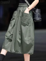 ZANZEA Women Straight Cargo Long Skirt Fashion Elastic Waist Midi Skirts Vintage Streetwear Big Pocket Jupe Korean Casual Faldas