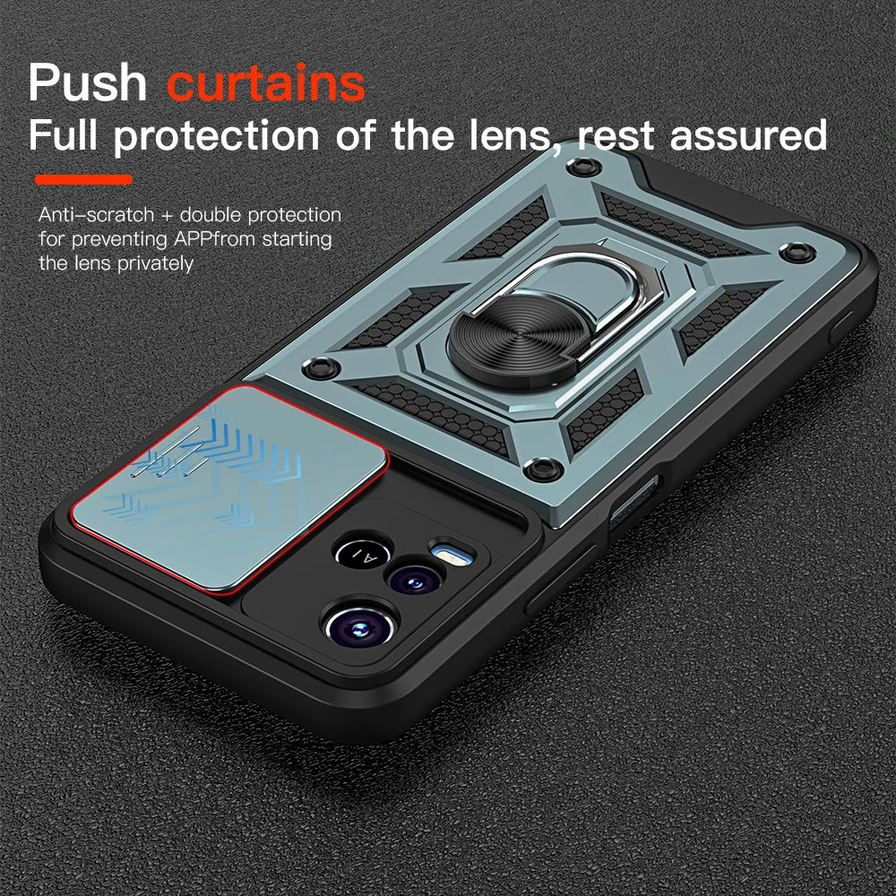 KEYSION Shockproof Case for VIVO Y21 Y21S Y33S Push Pull Camera Protection Ring Stand Phone Back Cover for VIVO V21 5G V21E 4G