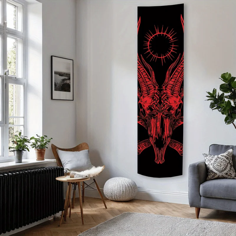 VIKAMA Dark Mountain Goat Demon Tapestry, Red Antlered Skull Long Strip Soft Wall Covering, Home Decoration