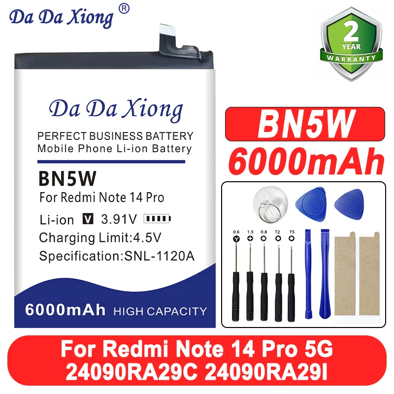 

Для Xiaomi Redmi Note 14 Pro 24090RA29C 24090RA29I BN5W 6000 мАч аккумуляторы для телефона + бесплатные инструменты