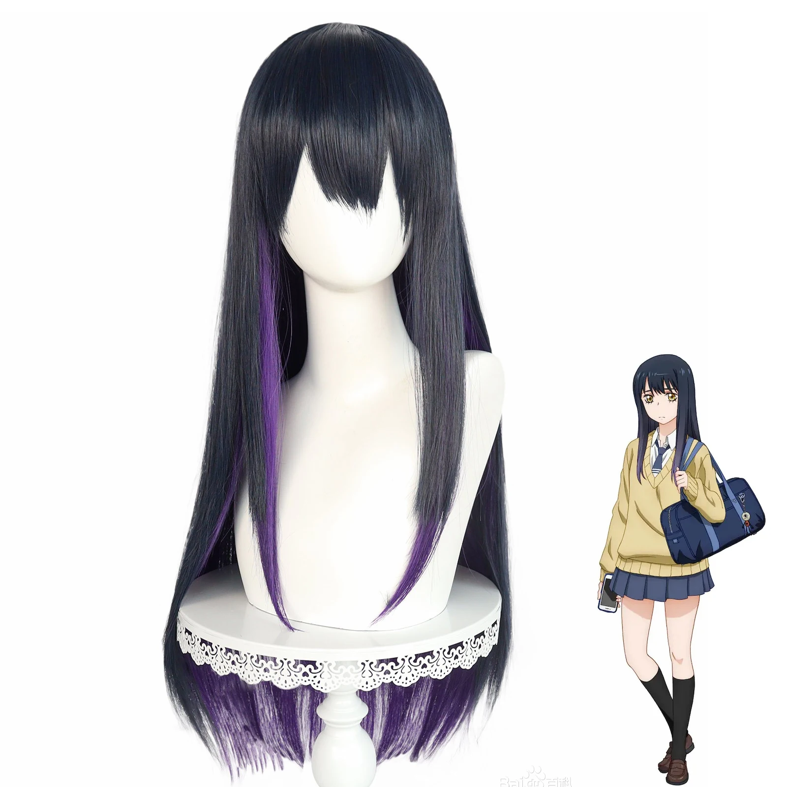 Anogol Synthetic Miko Yotsuya Cosplay Wig Anime Mieruko-chan Blue Mix Purple 80cm Long Straight Hair Machine Made for Halloween