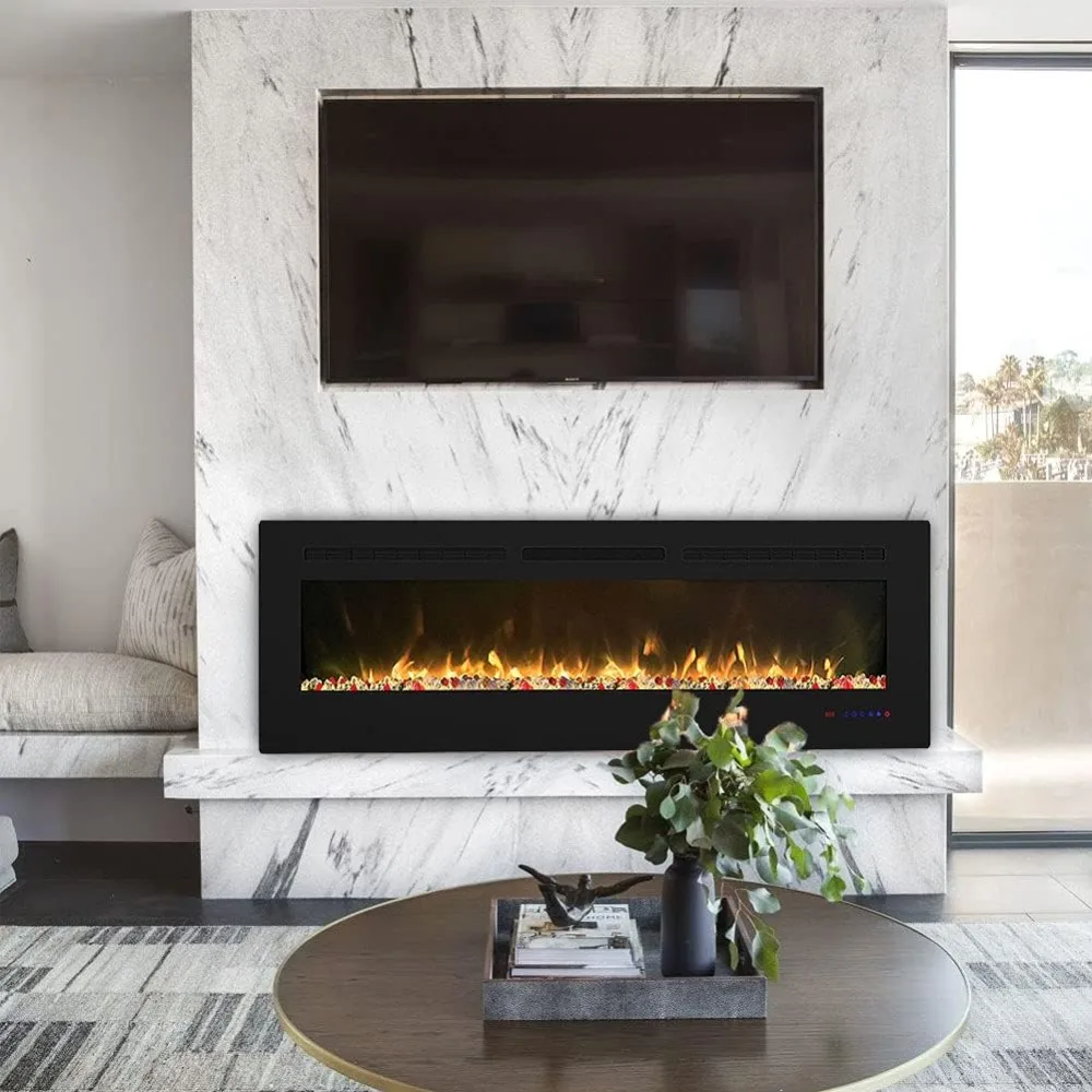 72-inch slanke elektrische wandhaard met verwarming, lineair design inbouwhaard