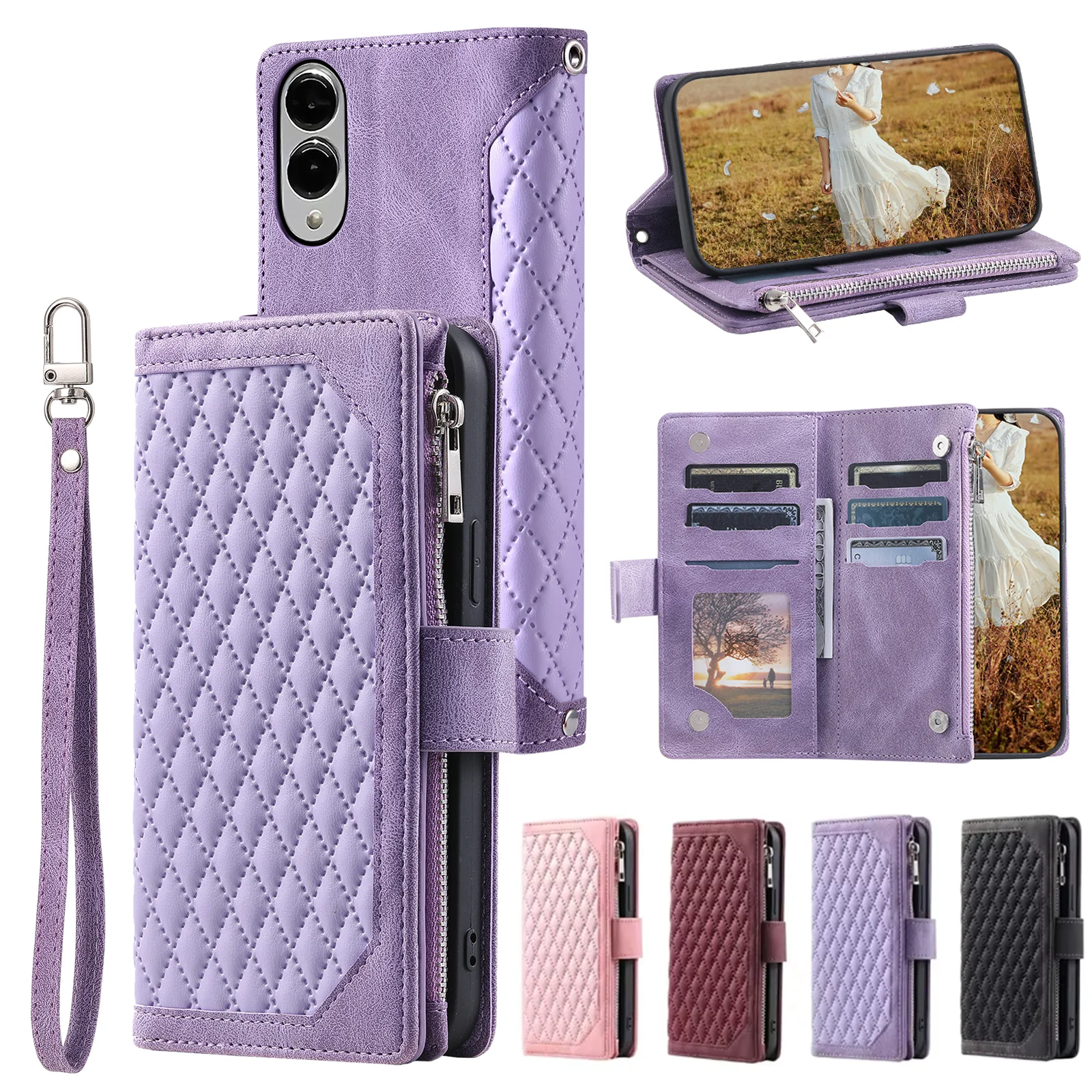 Rhombische Ledertasche für Samsung Galaxy S26 S25 Edge S24 Ultra S23 Plus FE A17 A16 A26 A36 A56 Flip Handgelenk Brieftasche Telefon Abdeckung
