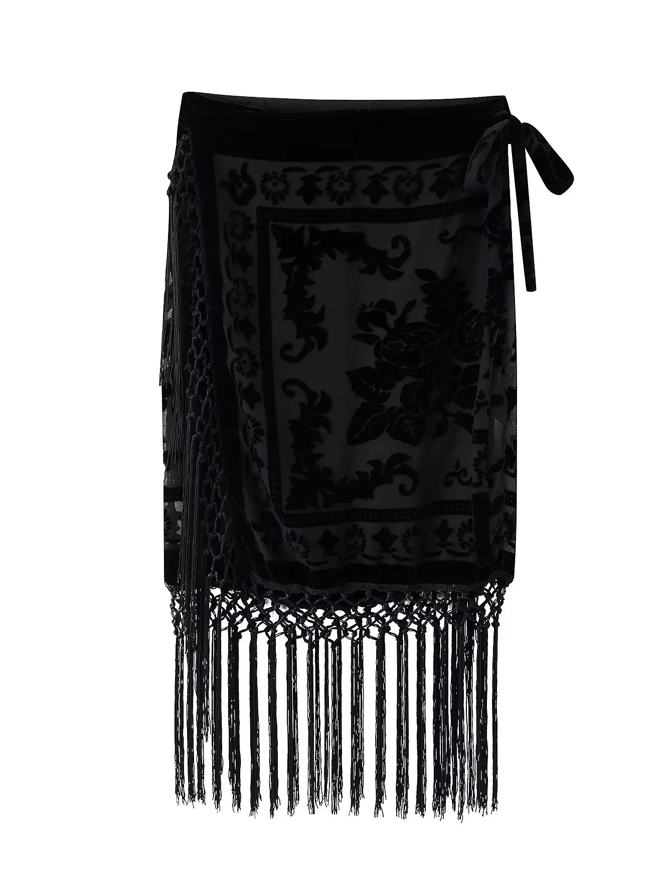 

Black Velvet Floral Skirt Women Gothic Wrap Midi Skirts Tassel Hem Party Evening