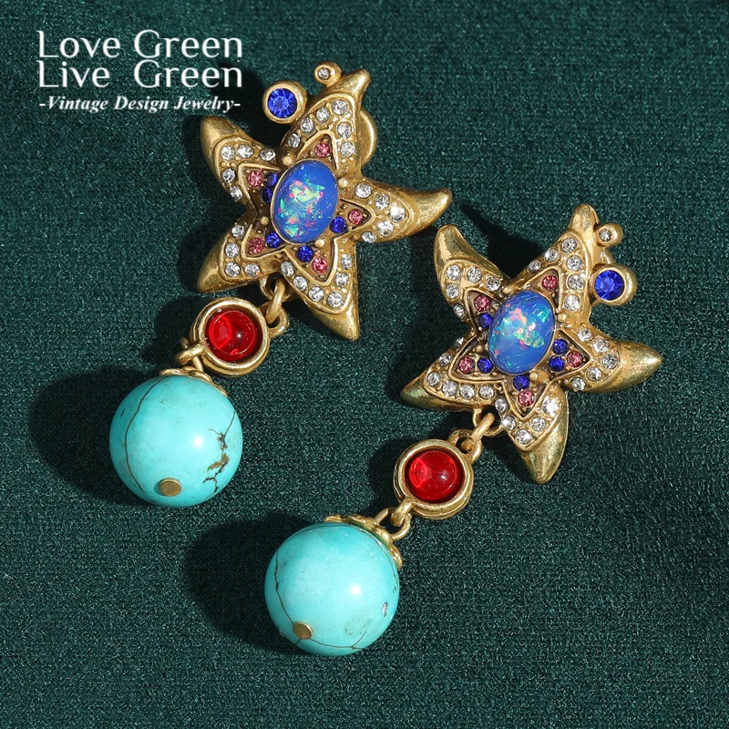 

Vintage Opal Starfish Turquoise Earrings For Woman Drop Dangle Beads Antique Gold Color Luxury Designer Jewelry Accessories 2025