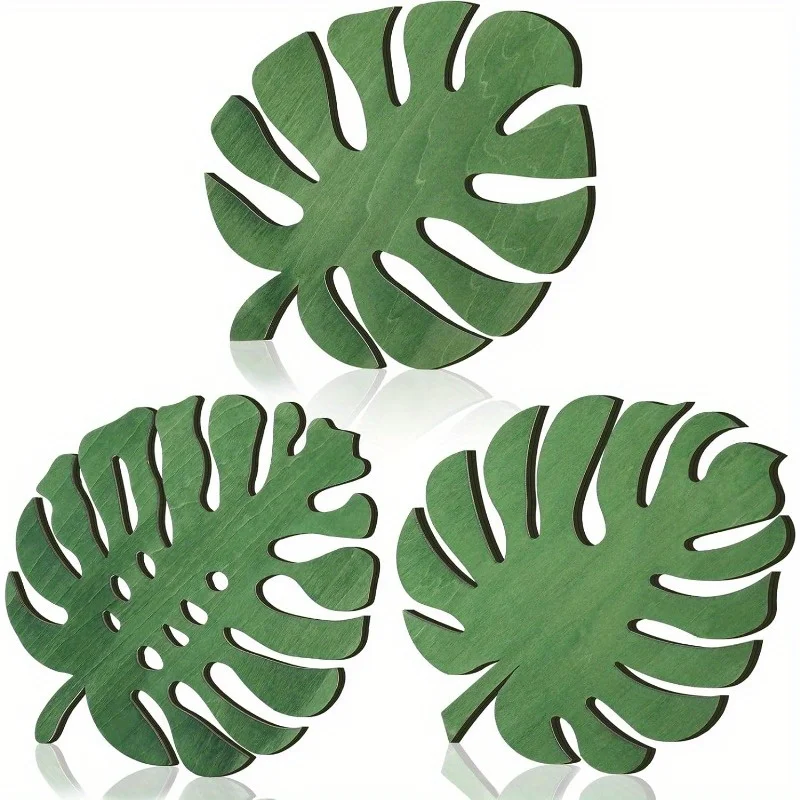 3PCS Eco-Friendly Wooden Heat Resistant Trivet Set 8 Inch Monstera Leaf Design Green Kitchen Countertop Protector Stylish