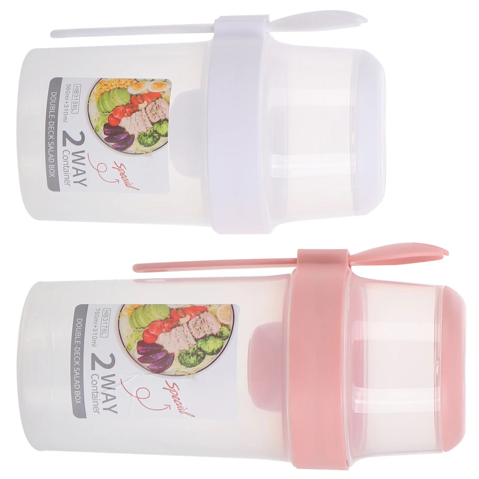 

2Pcs Portable Salad Cups Leakproof Dual-Layer Salad Dressing Container Spoon Lunch Snack Container Breakfast Cup
