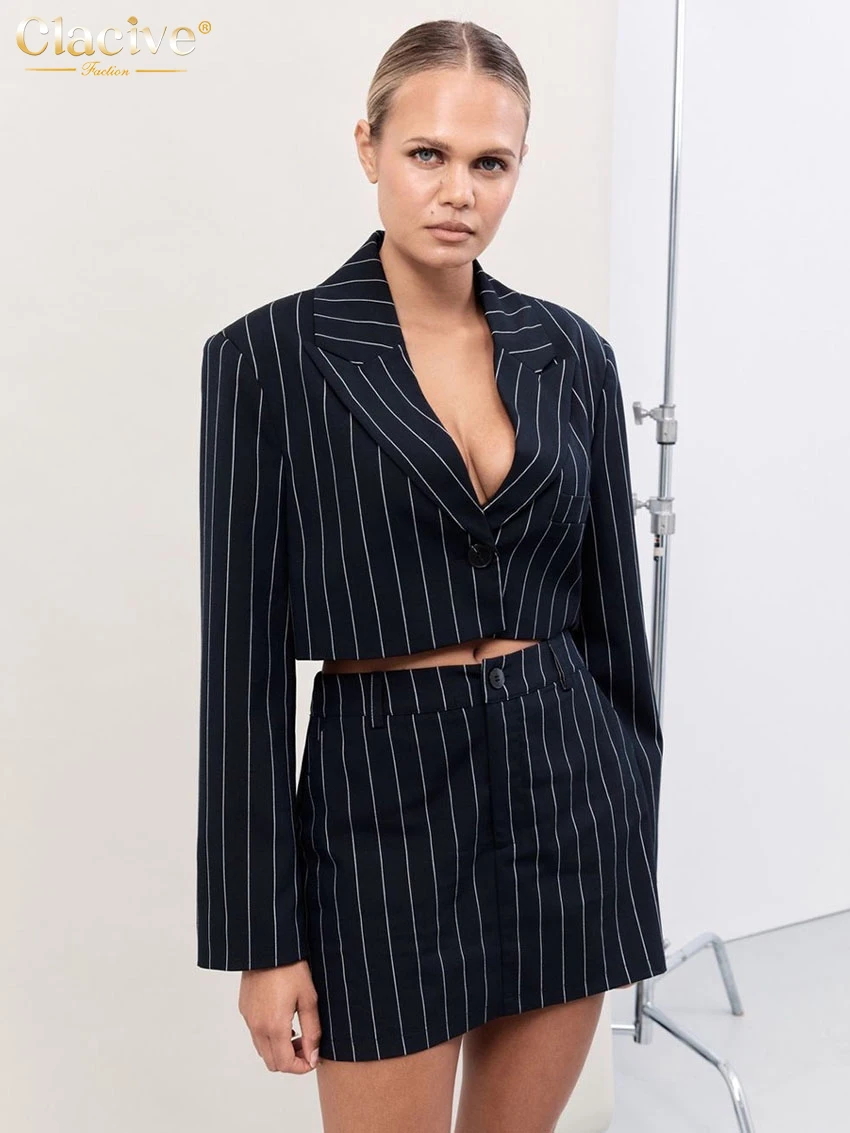 Clacive Fashion Loose Black Stripe Women\'s Two Pieces Set 2025 Elegant Long Sleeve Crop Shirt With High Waist Mini Skirt Set