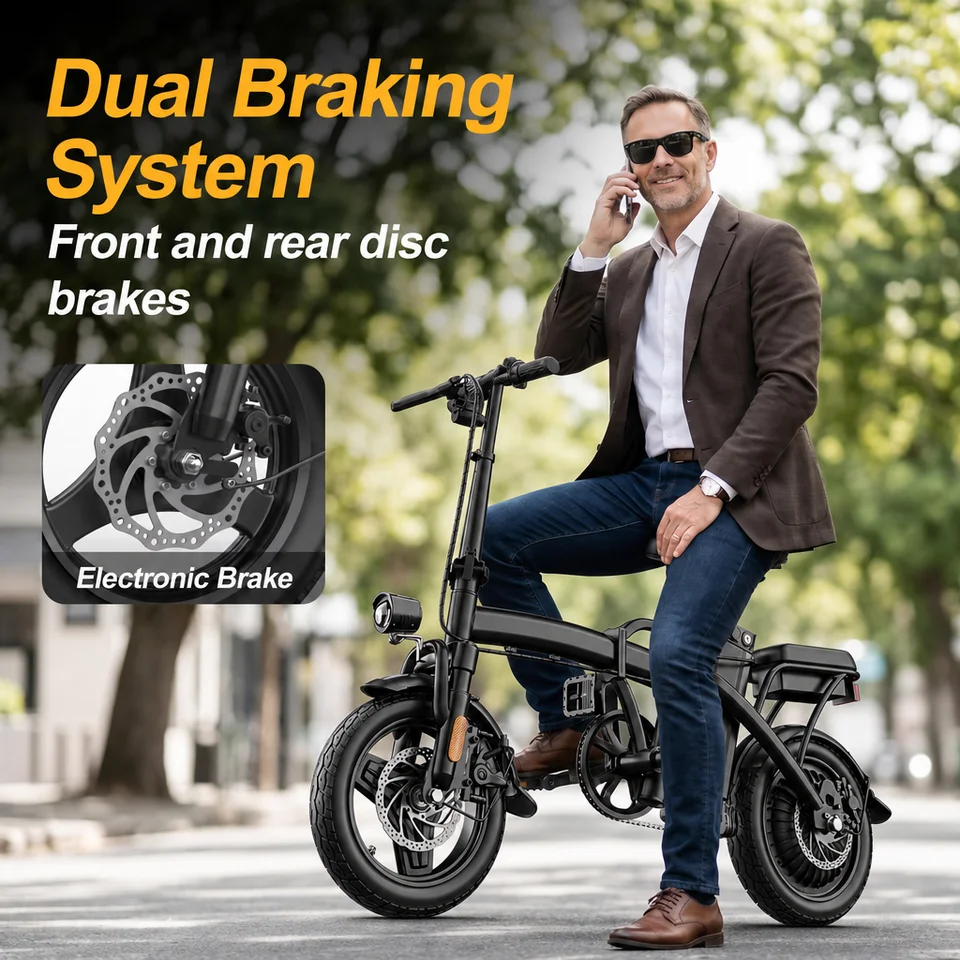 500W Peak **Foldable** Electric Bike 14" Vacuum Tire E‑Bike 15Ah Removable Lithium Battery Dual Shock Absorber Dual Disc Brake Folding Electric Bicycle for Adult image 2