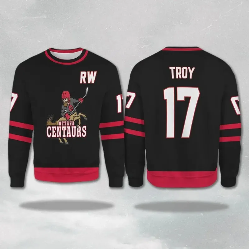 Ottawa Centaurs 3Dsprit #24 Shane Captain C Men Crew Neck Sweatshirt Black Red Ice‑Hockey Style Printed long‑sleeve