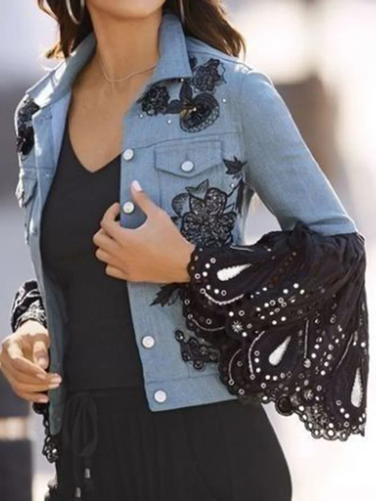 Fashion Women\'s Jacket Rhinestone Floral Denim Lace Patchwork Flared Sleeve Button Jacket Long Sleeve Lapel Vest 2024 Summer