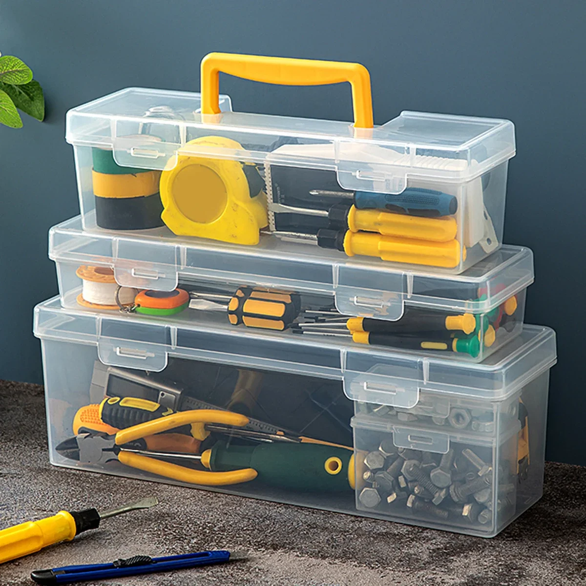 WORTHBUY Plastic Organizer Box Transparent Portable Tool Box Multipurpose Electrician Drill Tool Storage Box Hardware Tool Case