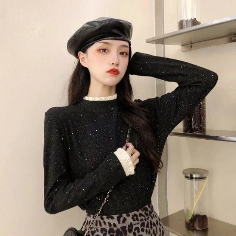 

Милые кружевные лоскутные футболки больших размеров с длинными рукавами, контрастные молодежные универсальные корейские топы, женская одежда, весенне-осенняя мода