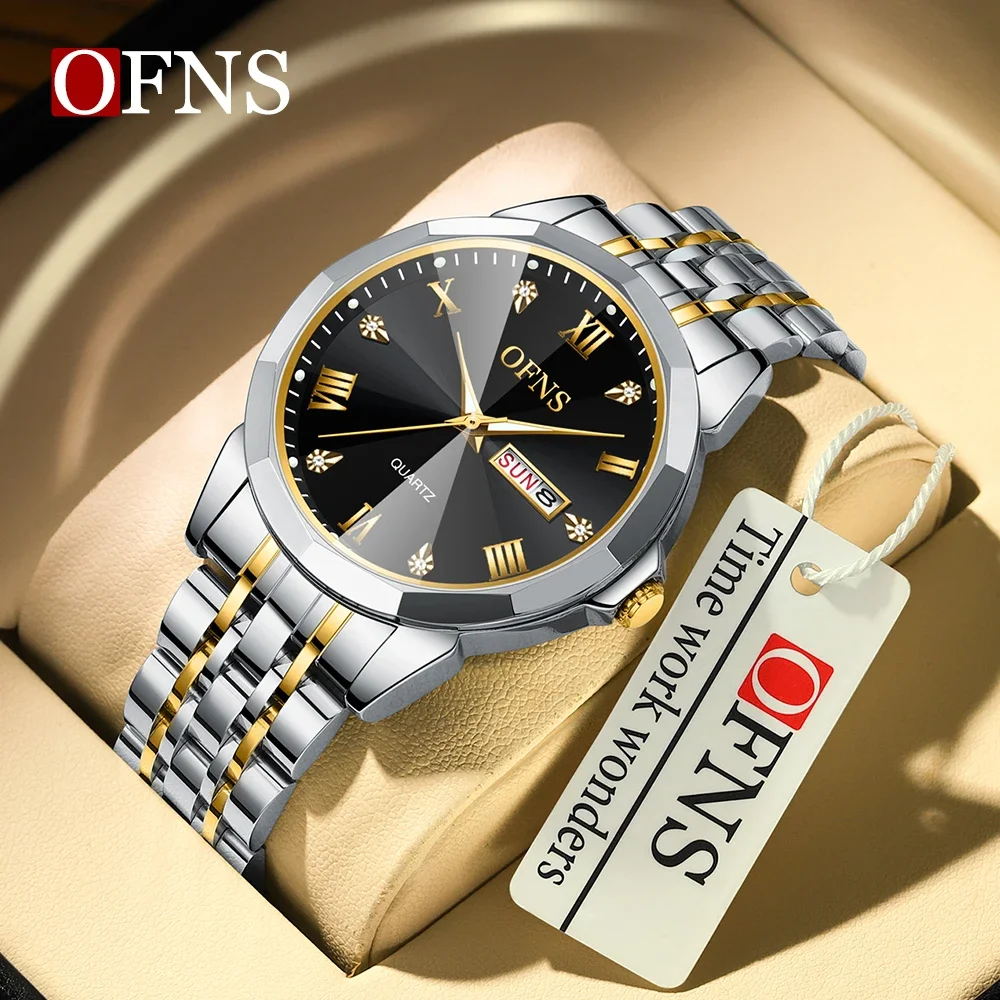 

OFNS Brand Top 1502 New Double Calendar Couple Fluorescent Quartz Watch Fashion Waterproof Steel Band Men's and Women's Watch