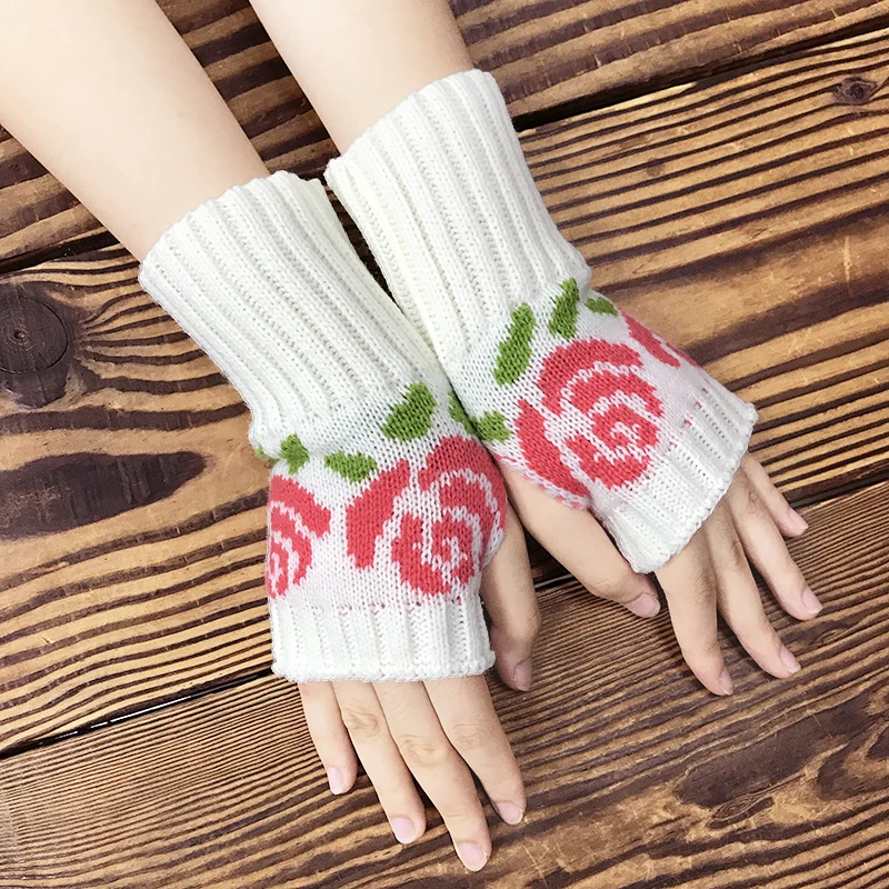 INS autumn and winter short rose knitted half-finger gloves spot jacquard warm arm women's wool gloves