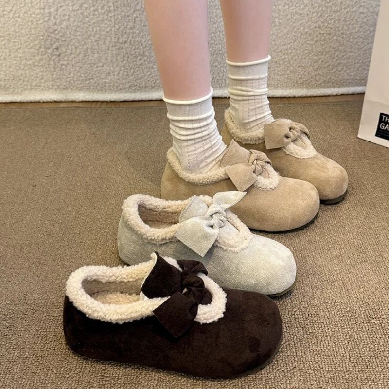 

Осень-зима, теплые хлопковые женские меховые туфли на плоской подошве, удобные туфли с круглым носком и мягкой подошвой, уличные короткие плюшевые туфли Мэри Джейн с узлом-бабочкой