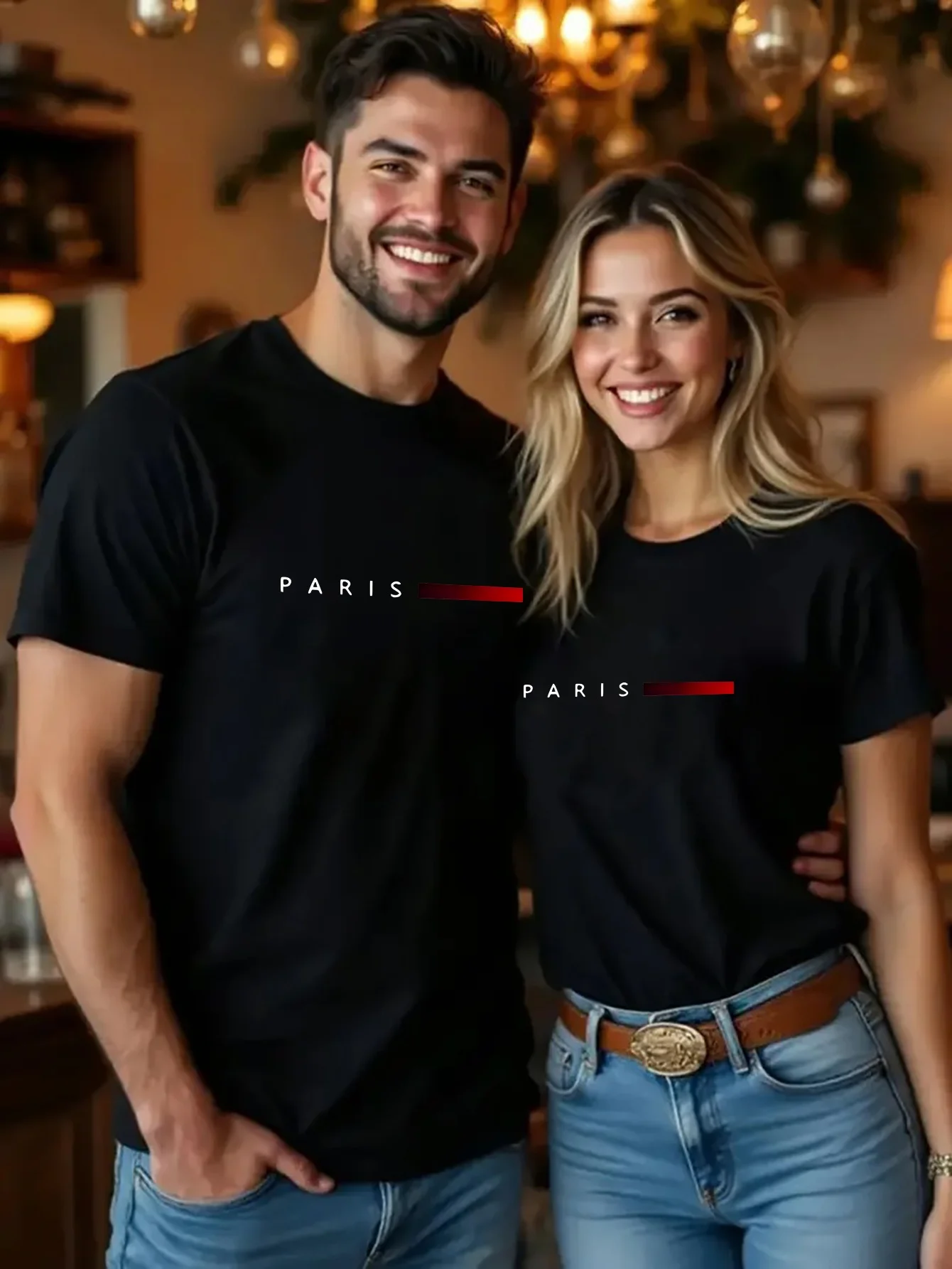 تي شيرت His Hers Matching Couple بتصميم حروف نصي باريس أنيق باللون الأبيض مع لهجات سوداء وحمراء