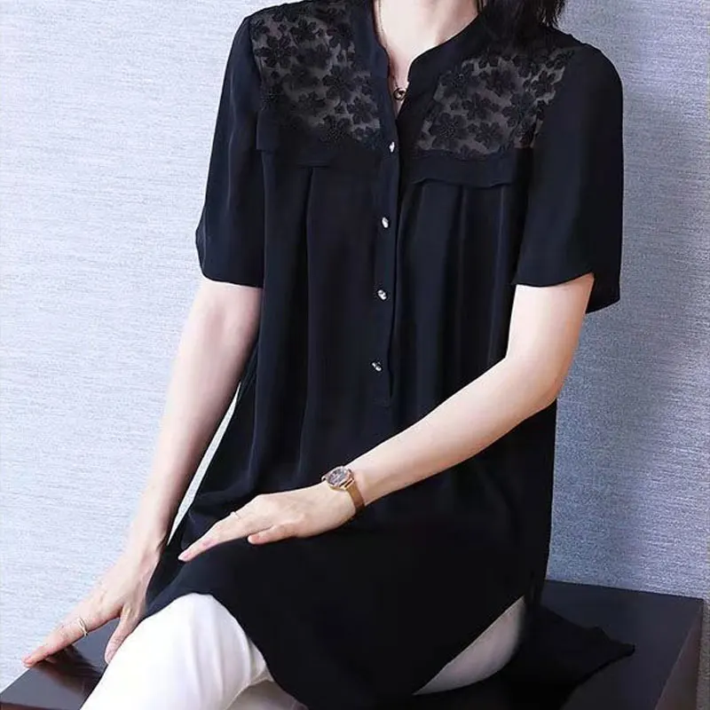 Female Casual Solid Color Blouse 2023 Summer Fashion Lace Spliced Commute Half Open Collar Button Loose Short Sleeve Midi Shirt