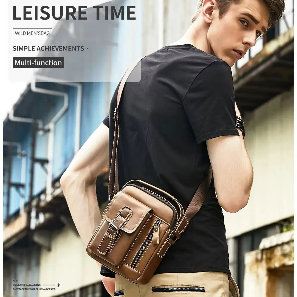 

Leather men's crossbody bag, genuine leather single-shoulder bag, retro casual vertical hand-held crossbody bag