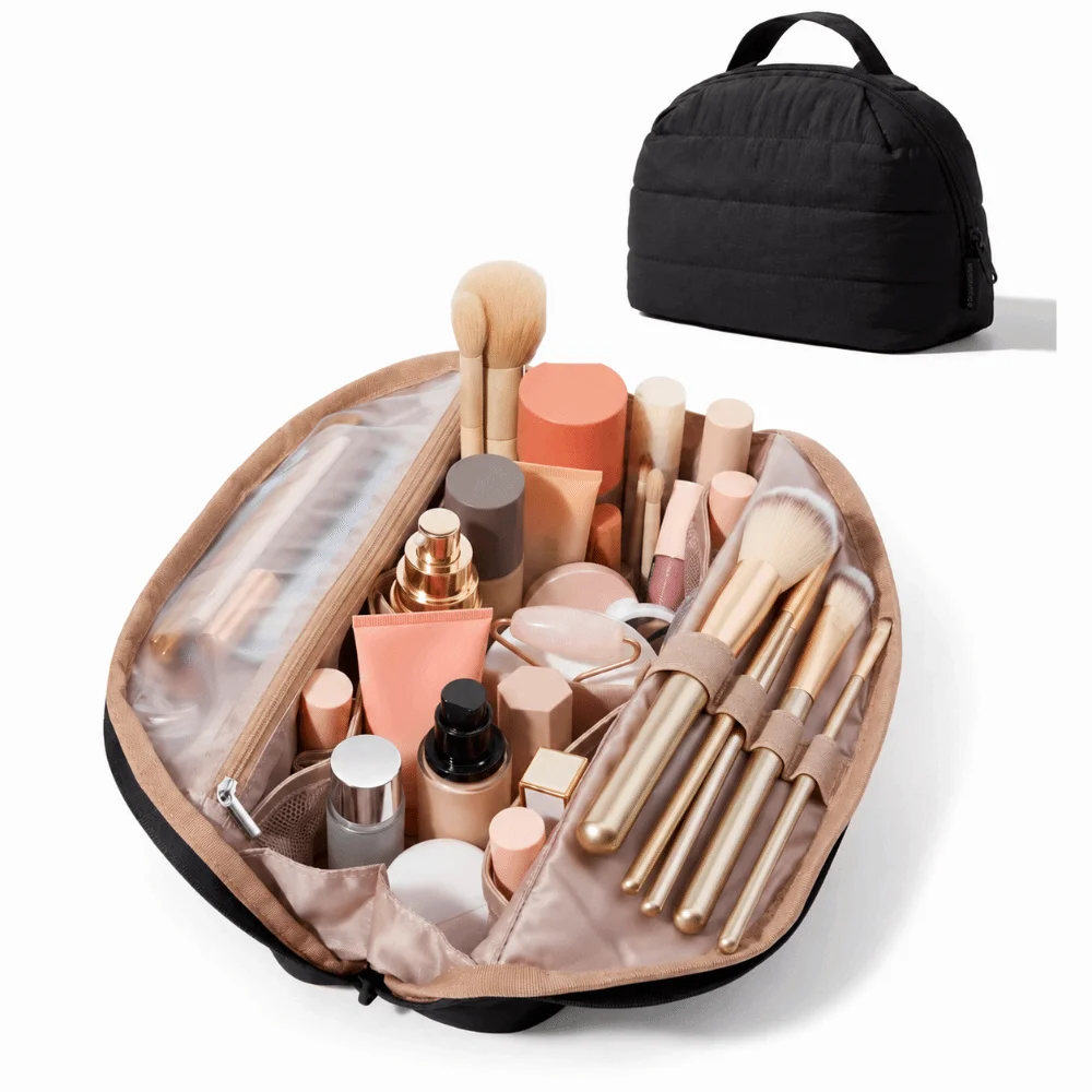 Foldable Travel Makeup Bag Multi-Compartment Adjustable Dividers Toiletry Pouch Mesh Pocket Portable Cosmetic Storage Case