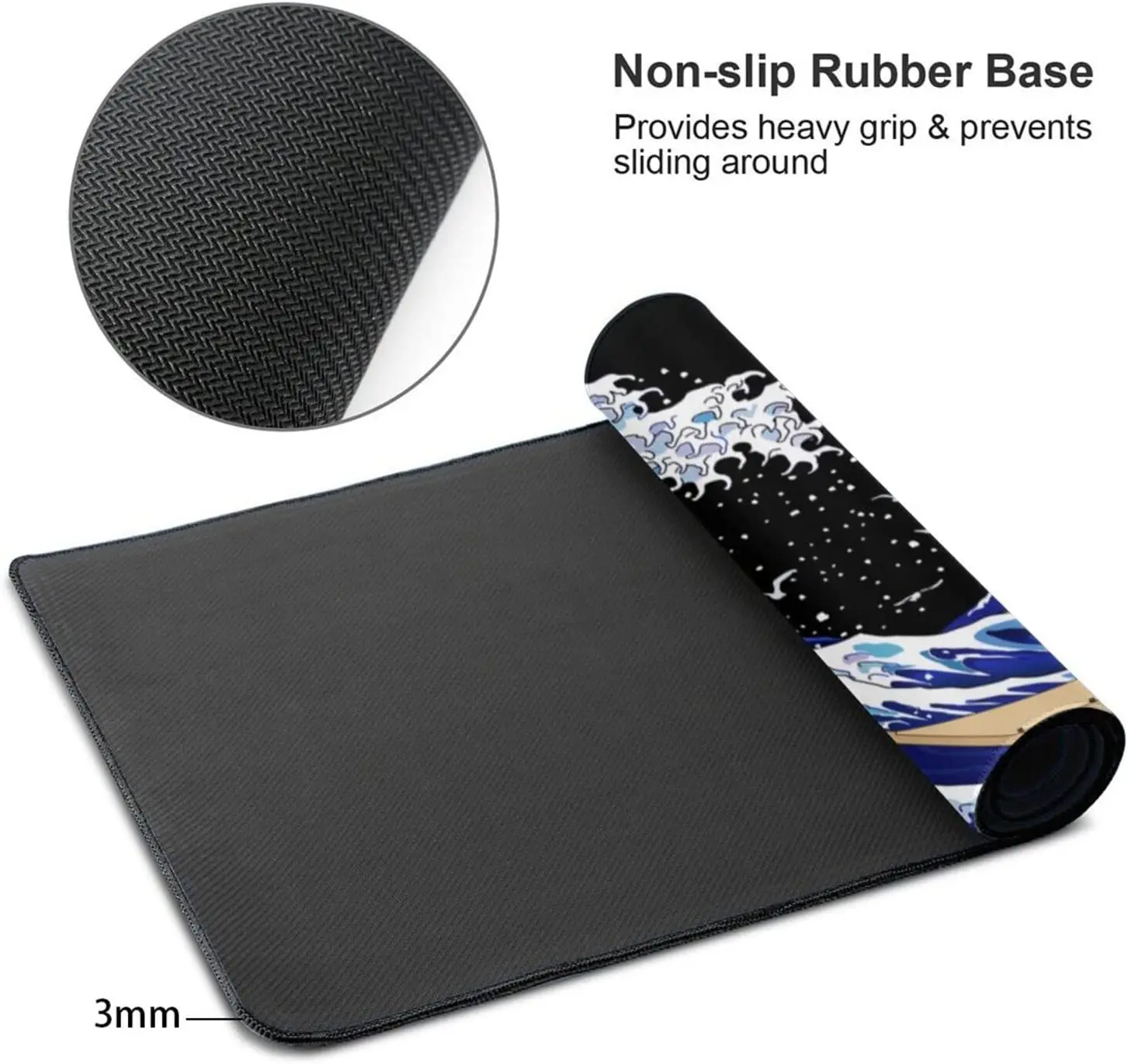 Gaming Large Mouse Pad XXL  Big Desk Pads Pc Keyboard  Non-Slip 31.5 X 11.8 Inch 3mm Thick Rubber Table Surfing and Black Wave