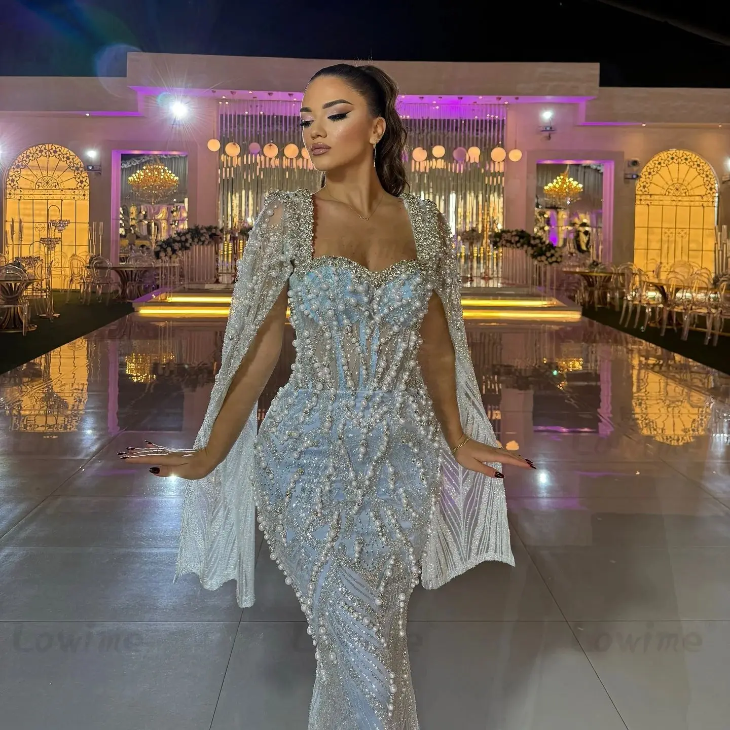 فساتين سهرة بأكمام كيب زرقاء 2025 حورية البحر مطرز باللؤلؤ كريستال فستان الحفلات لحفلات الزفاف مخصص فساتين حفلات طويلة #4