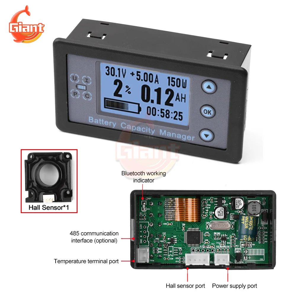 

VA9510 DC8-120V Digital Voltmeter Ammeter High-precision Battery Capacity Indicator Hall Sensor Coulomb Meter Battery Tester