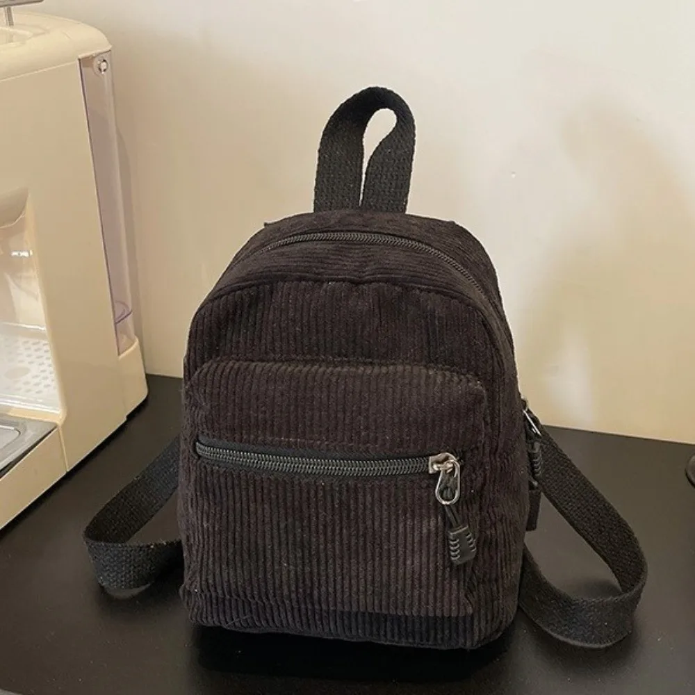 Solid Color Corduroy Mini Backpack Lightweight Zipper Double Shoulder Bag Portable Multi Pocket Daypack Casual Travel