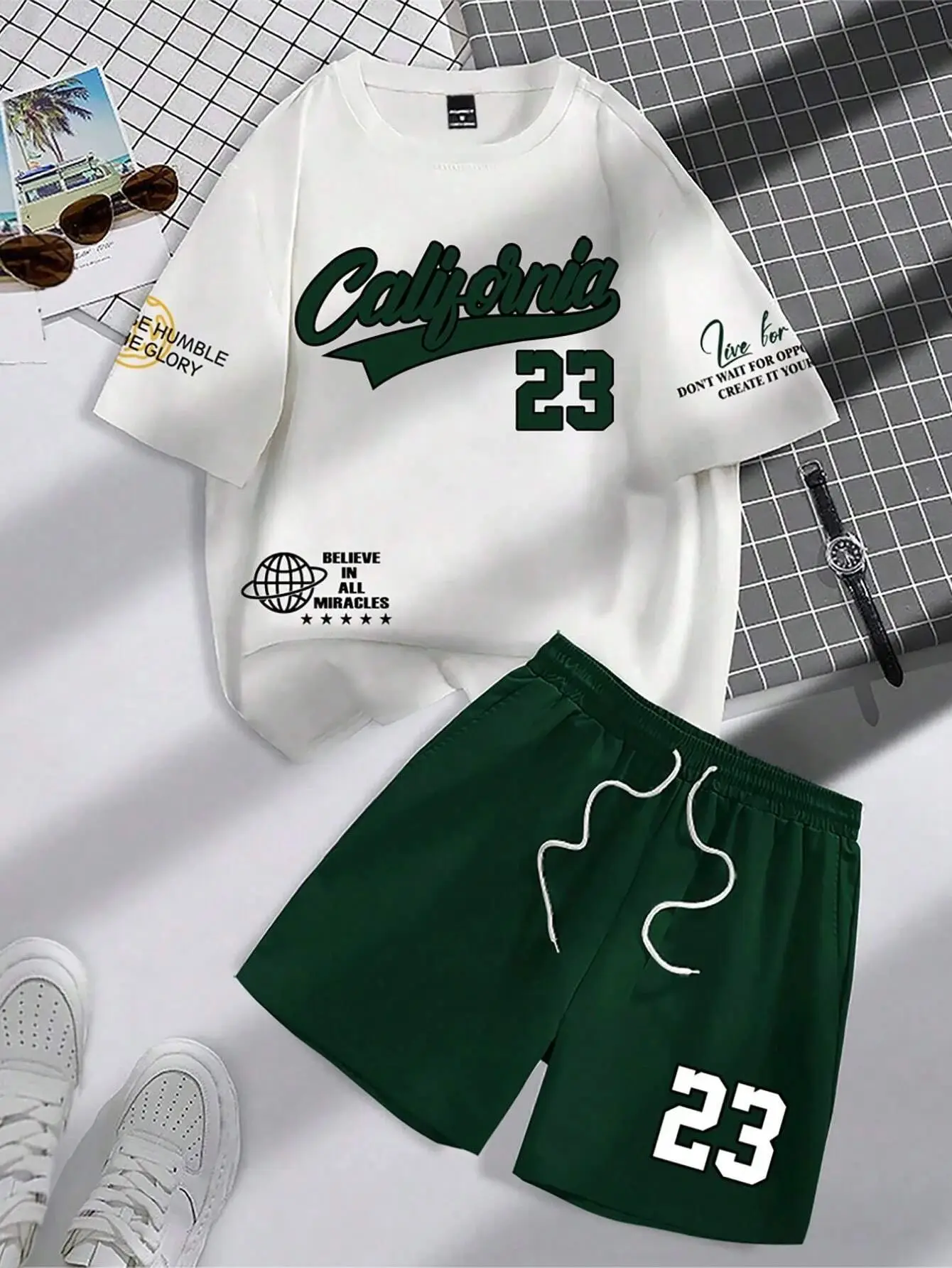 2025 summer new trend men's suit round neck short sleeve set fashion personalized alphanumeric print round neck T-shirt and shor image 2