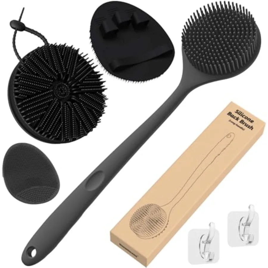 Silicone Back Scrubber and Soft Shower Face Brush 4 PCS,Super-Cleansing Body Scrubber and Strong Lathering Power Bath Glove Com