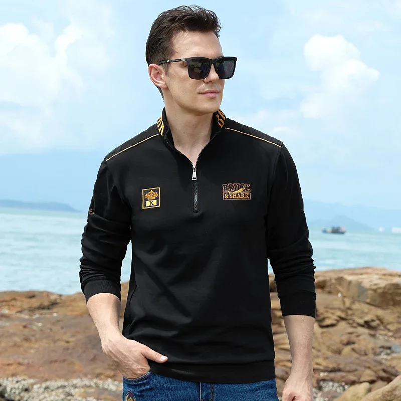 New Men's Polo Thicken Cotton Bruce&Shark Autumn Long Sleeve Zip Men Clothing Loose Style Fashion Luxury Brand Polo Big size 4XL