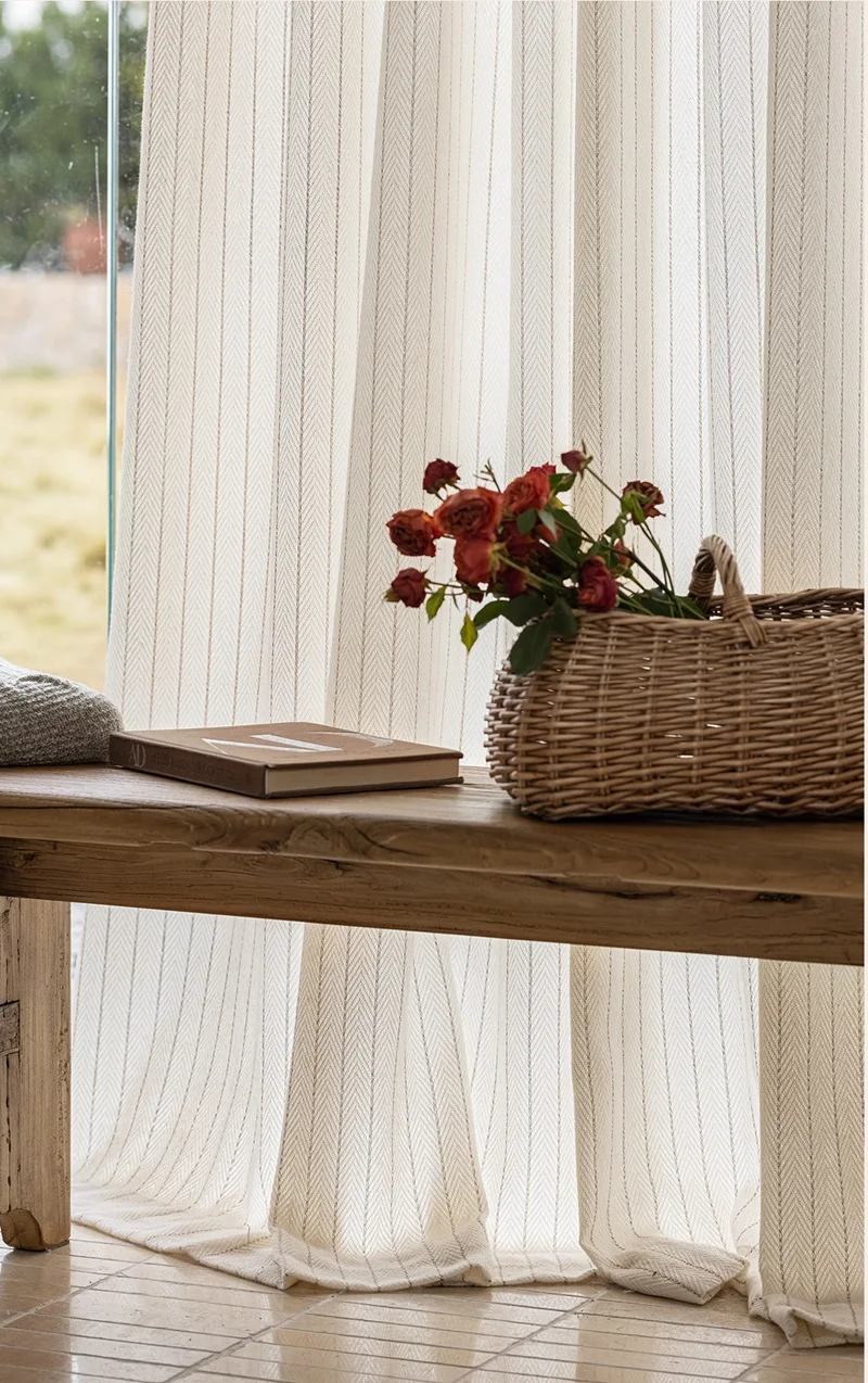 French Wool Feel Light Beige Striped Sheer Curtains Custom Decor Drapes for Balcony Living Bedroom Yoga Room Home Decor curtains