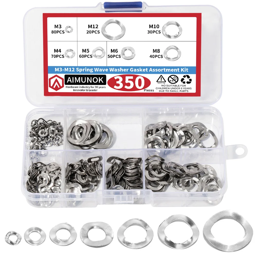 350PCS 304 Stainless Steel Wave Washers Assortment Kit | M3 M4 M5 M6 M8 M10 M12 Metric Spring Lock Washers for Hardware Fastener