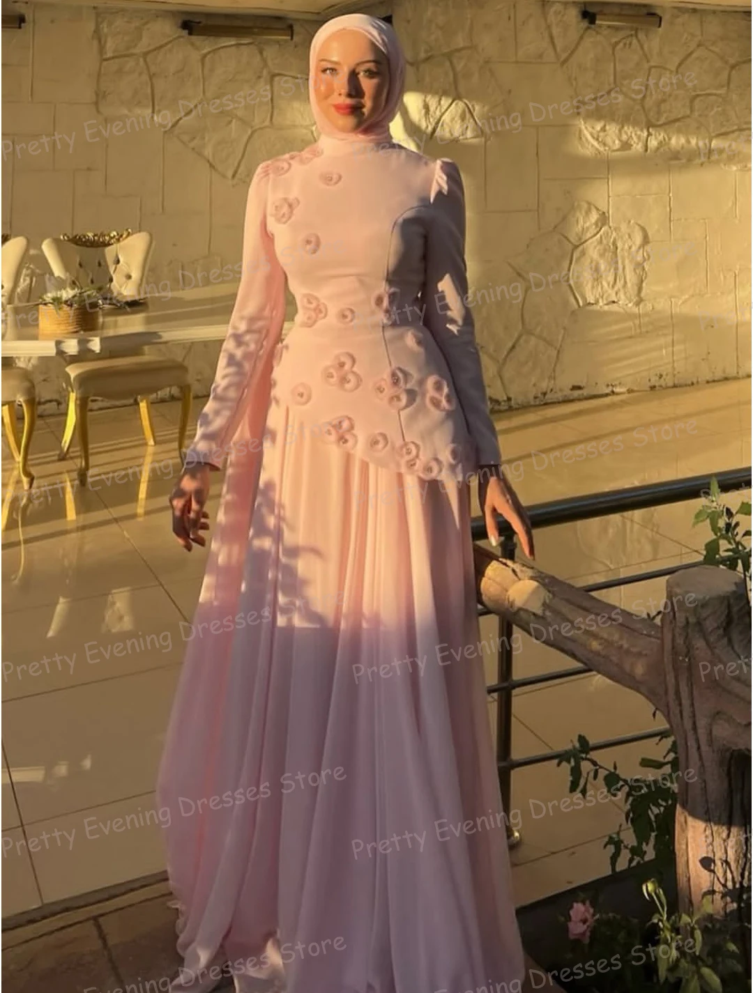 Elegant Pink Evening Dresses Woman's Mermaid Prom Gowns Flowers Shawl Long Sleeve Party Fashion Customized Vestidos De Novia