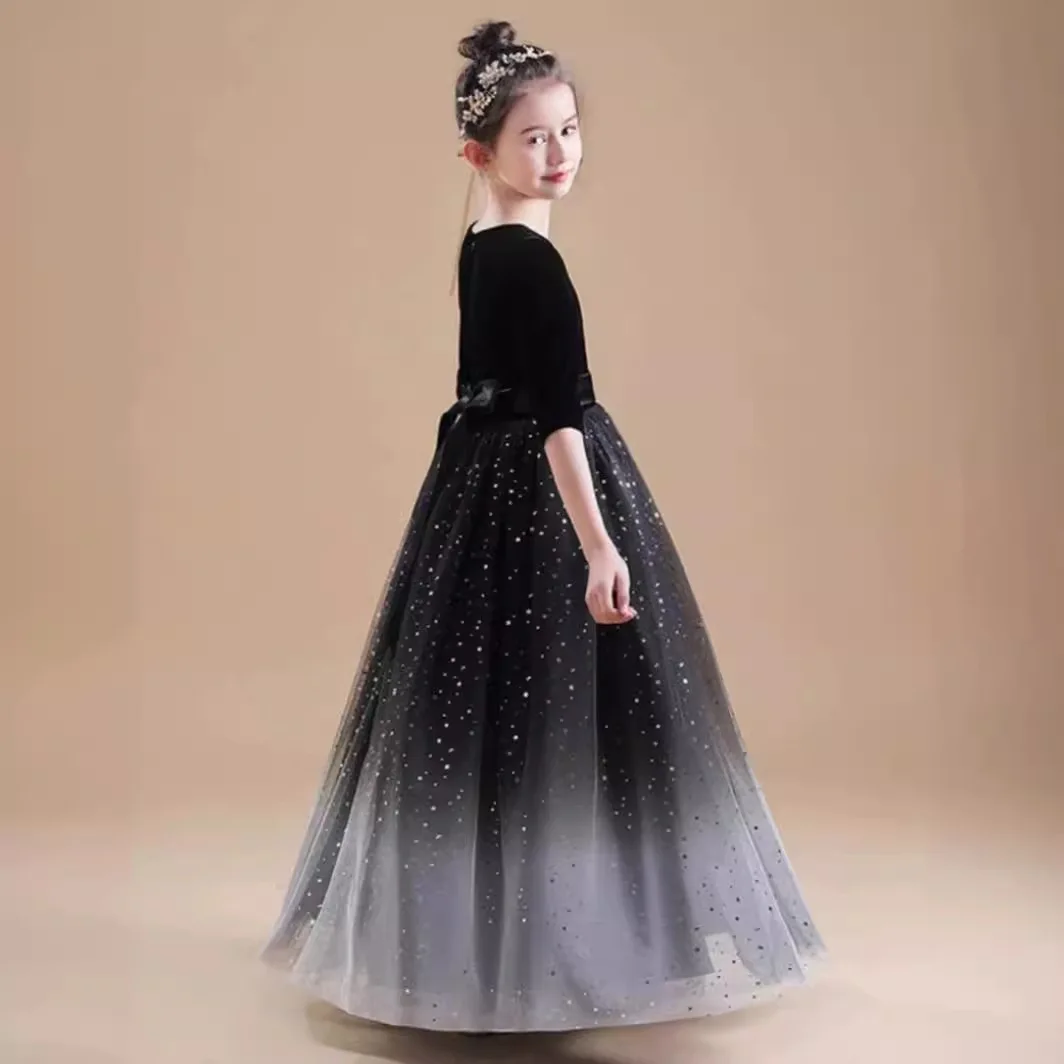 Sukienka dla dziewczynki do sypania kwiatów Yiiya, granatowy aksamit, tiul, dekolt w serek, rękawki do połowy ramienia, zamek błyskawiczny z tyłu, krój A, długość do podłogi, model T061