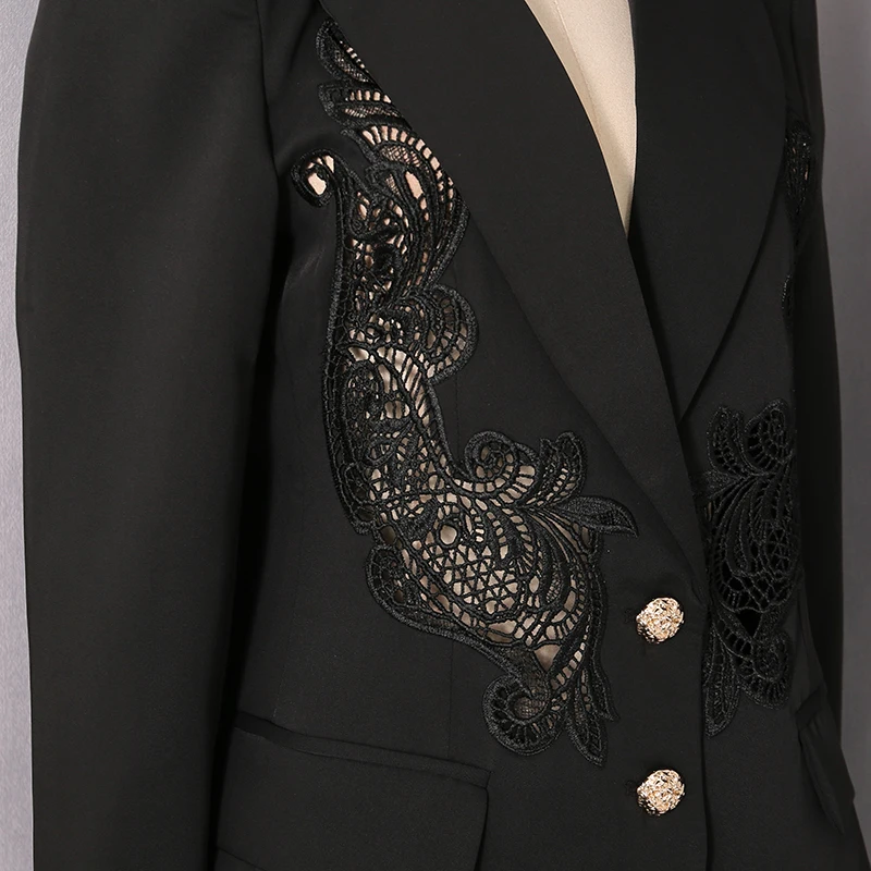 KBQ Temperament Hollow Out Solid Tunic Blazers for Women V Neck Long Sleeve Spliced Button Slimming Jacket Female Fashion New