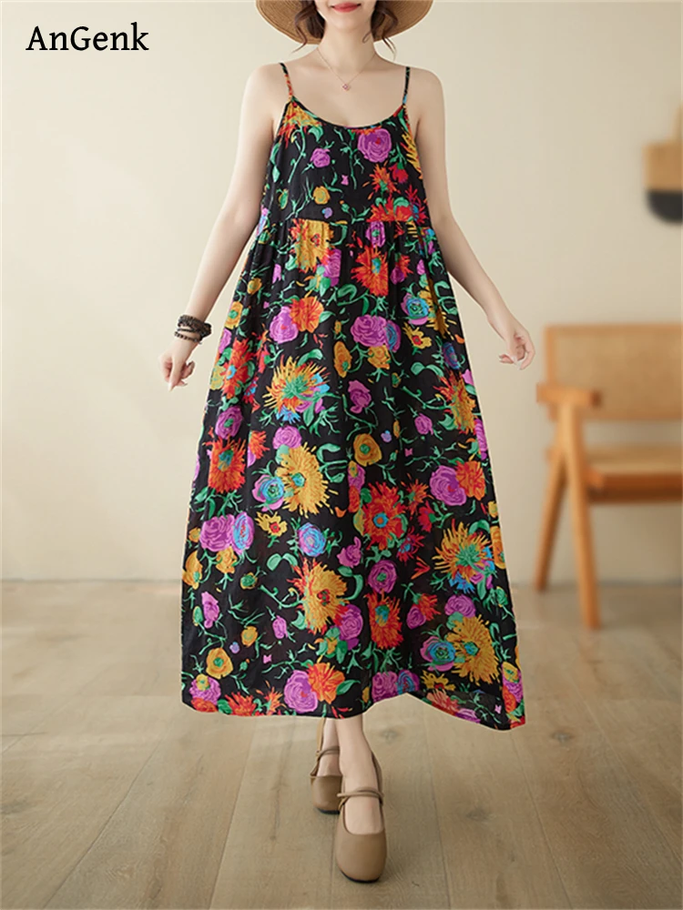 Sleeveless Strap Print Dresses For Women 2024 Summer Cotton Vintage Casual Loose Long Dress Femme Robe Beach Elegant Clothing