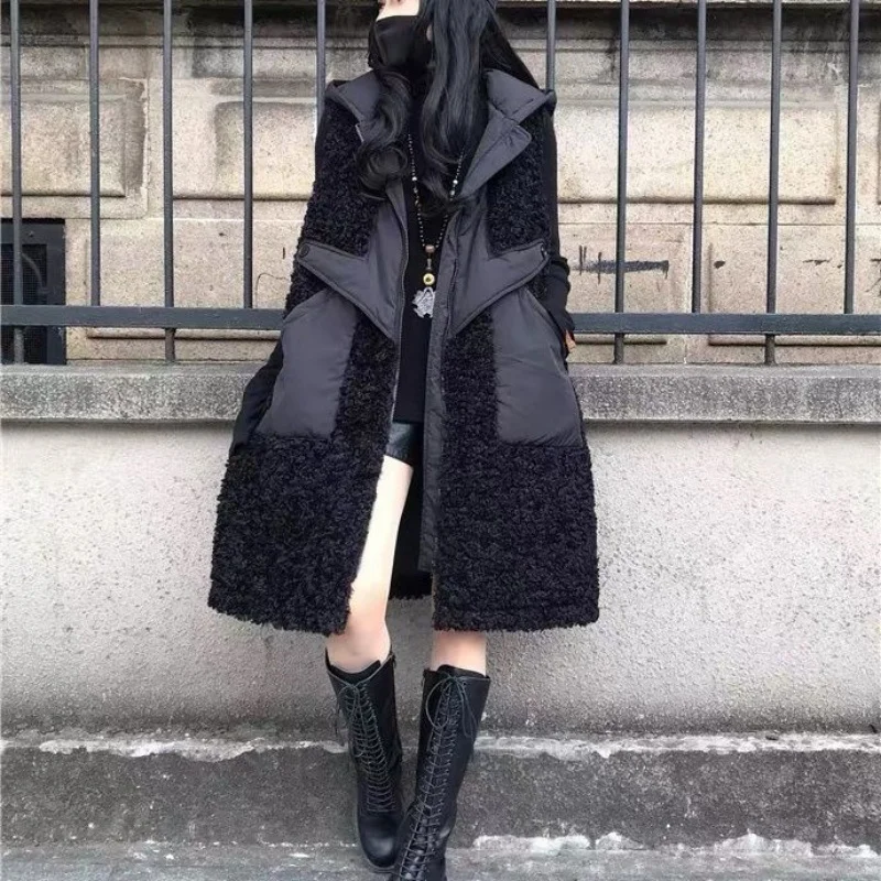 Autumn Winter New Loose Thickened Korean Style Lamb Fur Mid-Length Fashion Hooded Plush Vest Coat Warm Casual Outerwear Top