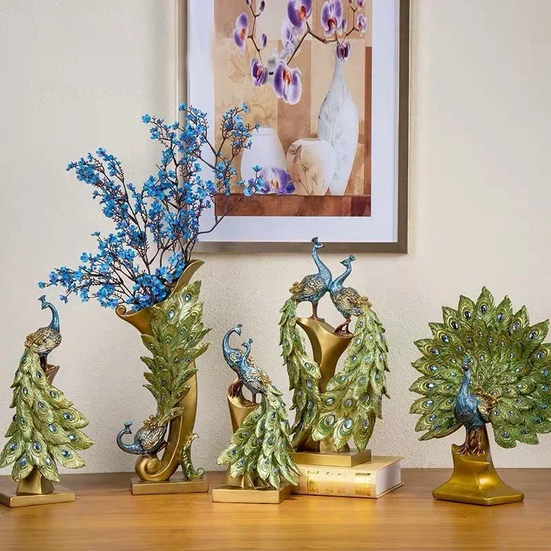 

Nordic Peacock Figurine Vases Ornaments Crafts Living Room Decor Entrance Elk Resin Statue Home Office Decoration Wedding Gifts