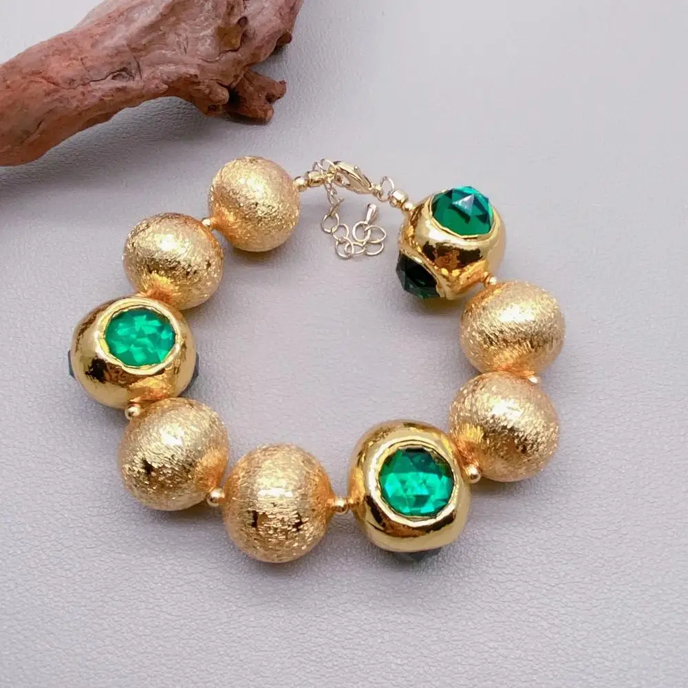 

yygem round shape Brushed Beaded Green Crystal Gold Plated Bracelet