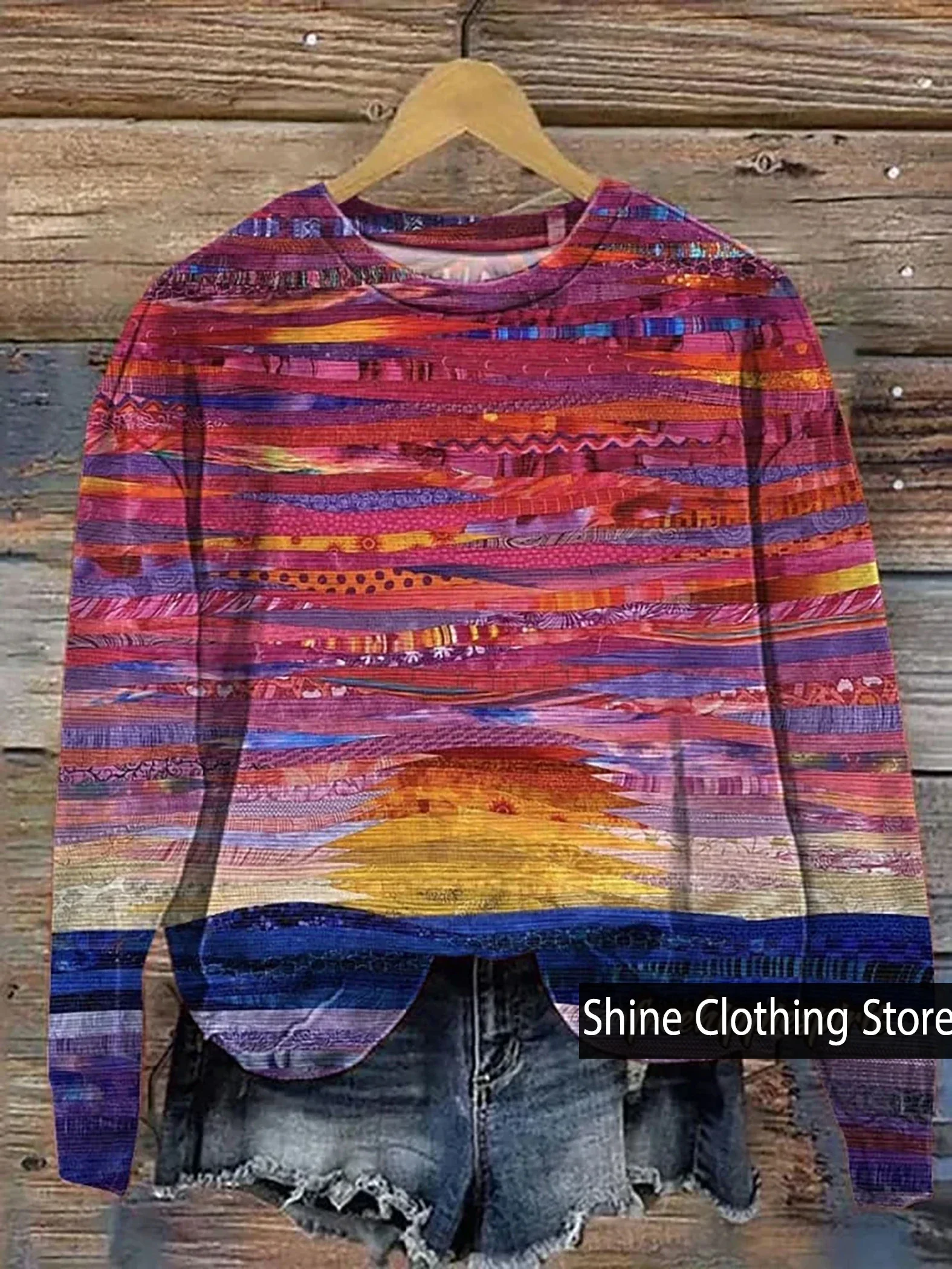 New Arrivals Women's Sunset Afterglow Quilt Art Printed Casual Sweatshirt 3D Print O- Neck Fashion T-Shirt Size S to 5XL