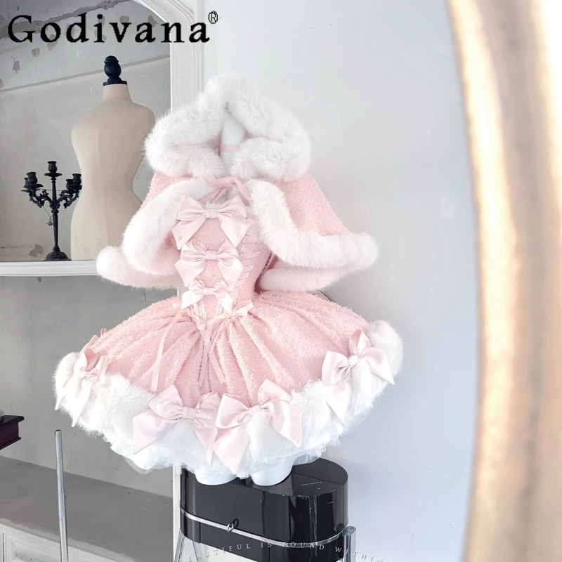 

New Year Christmas Party Pink Plush Warm Lolita Dress Cape Set Winter 2025 Girls Women Sweet Cute Princess Birthday Dresses