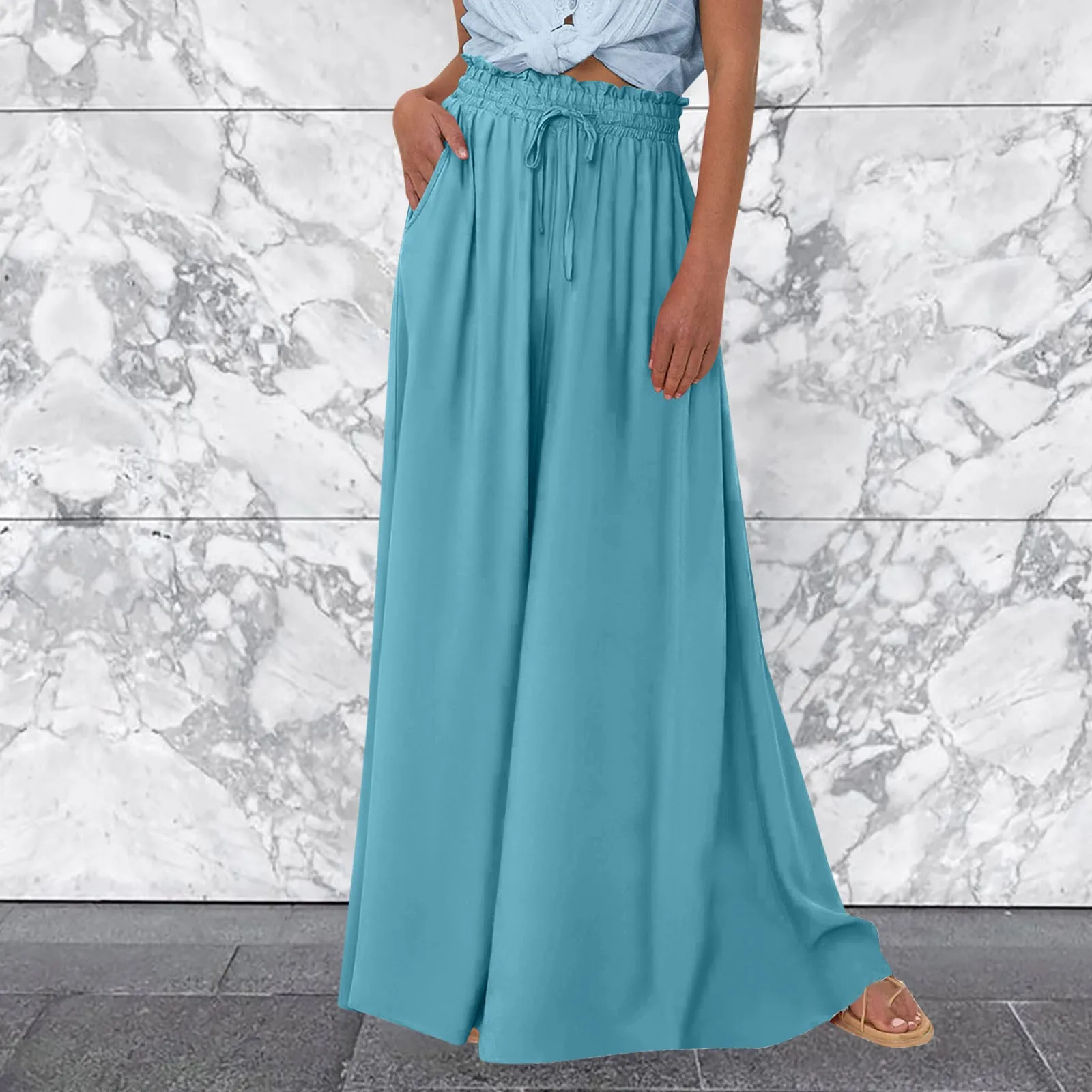 

Womens Solid Color High Waisted Floor Length Pants Wide Leg Loose Fit Wide Leg Female Pants Drawstring Slight Strech Pants