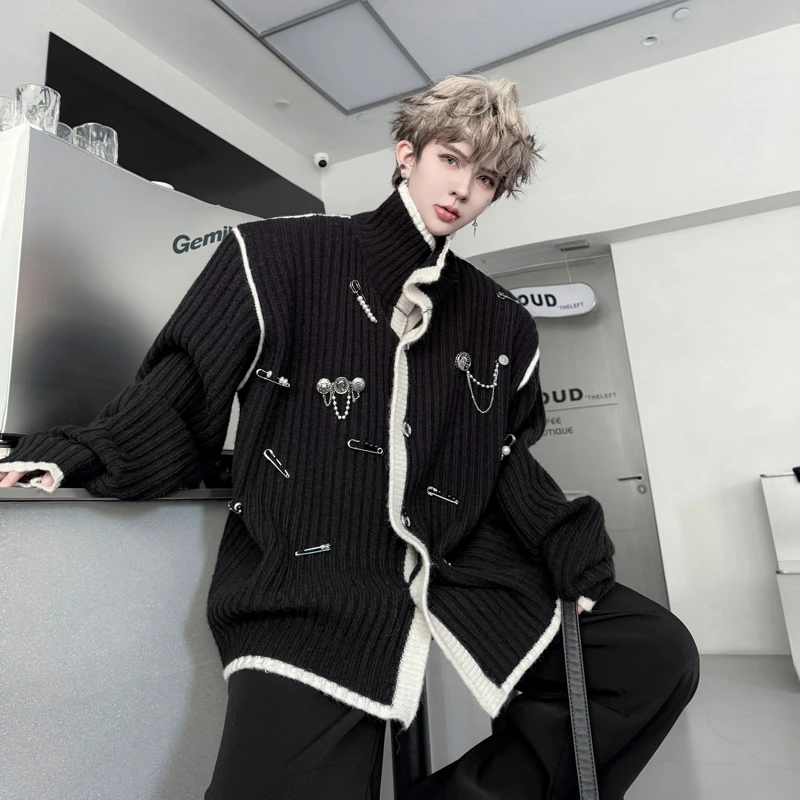 

Autumn Winter New Sle Men's Knitted Open Cardigan Casual High Collar Color Blo Sweater Warm Comfortable Faionable Leisure