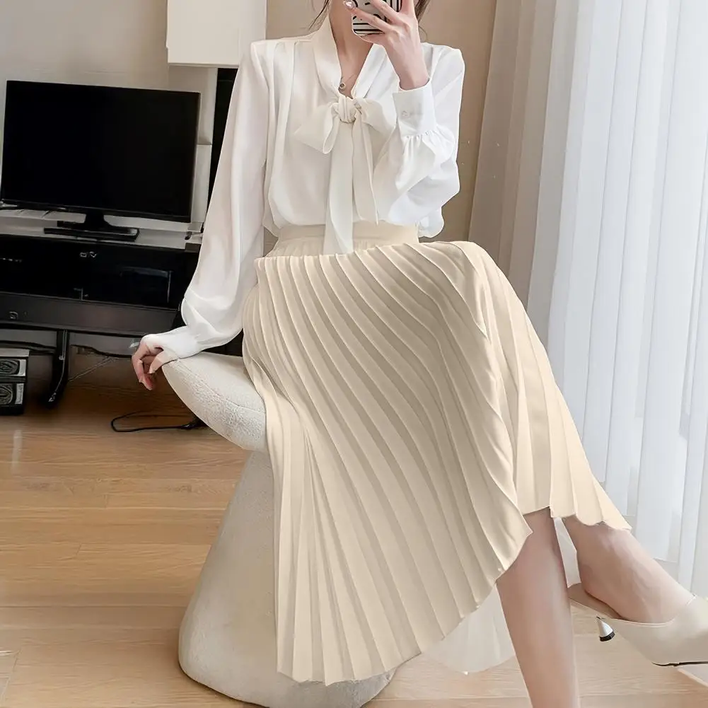

Office Lady Pleated Skirt Elegant Women's Pleated Midi Skirt with High Waist Elastic Band Soft Breathable Office Lady for Wear