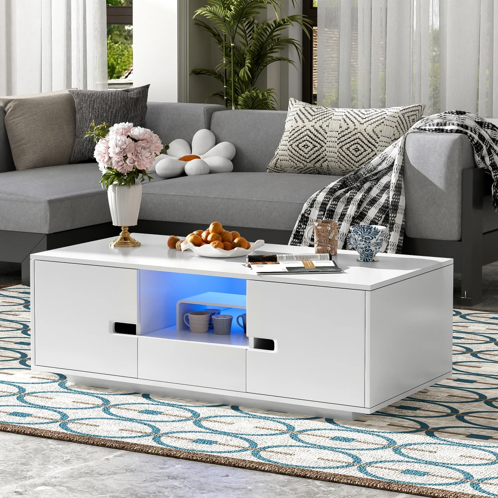 High Glossy Rectangle Coffee Table,Stylish Center Table，Storage Space,Accent Furniture with 16 Color LED Lights for LivingRoom